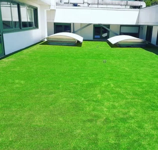 Cortile interno con erba sintetica intorno ai lucernari